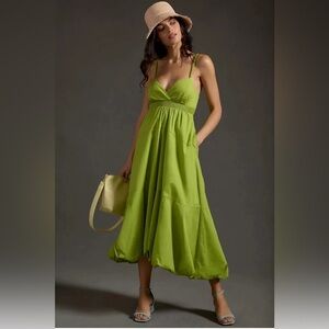 Anthropologie Lime Green Cotton Poplin Midi Bubble Hem Dress
